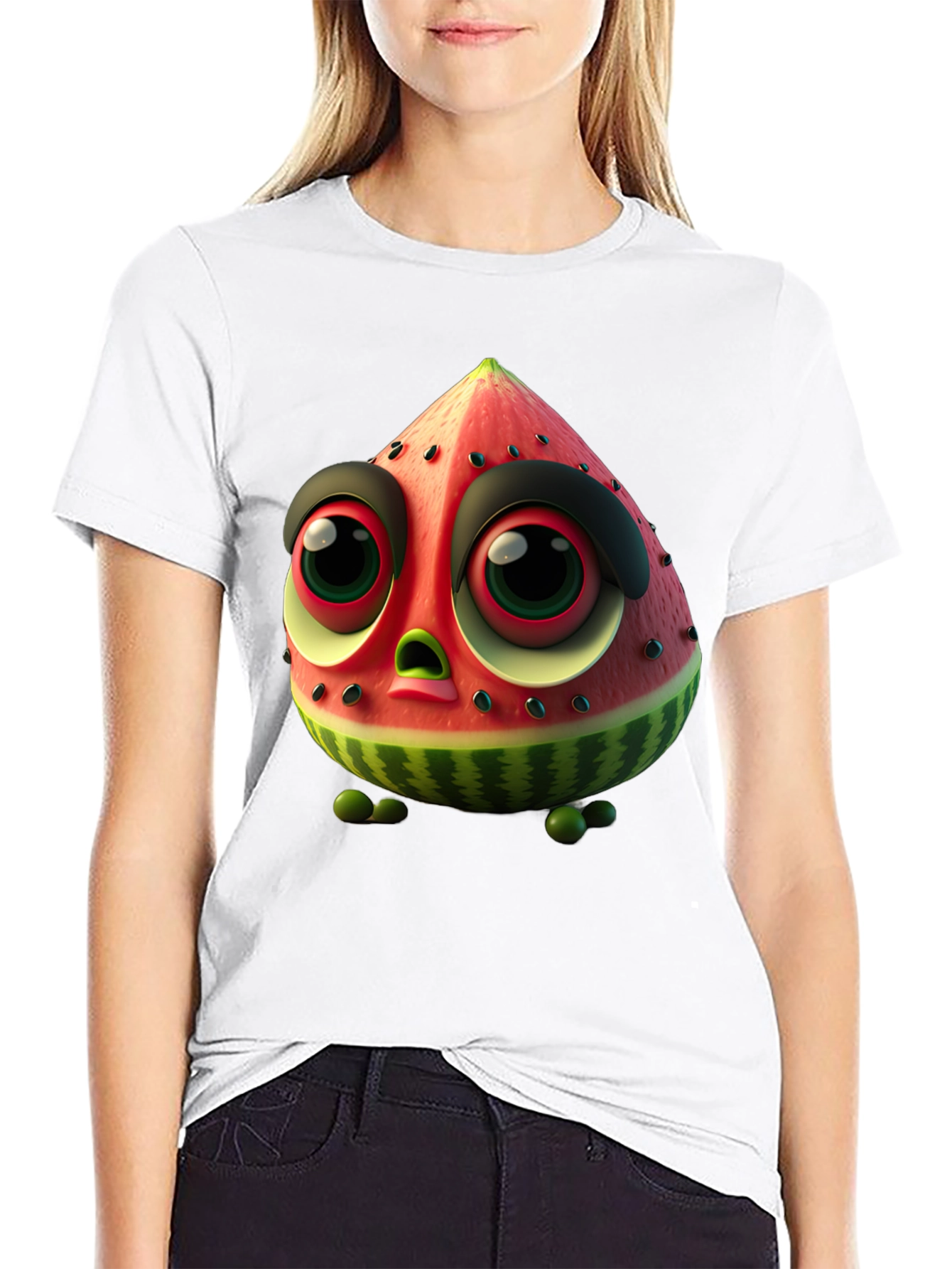 Whimsical Watermelon Character Black T-Shirt