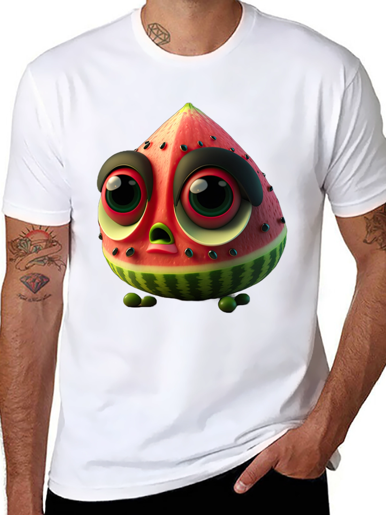 Whimsical Watermelon Character Black T-Shirt