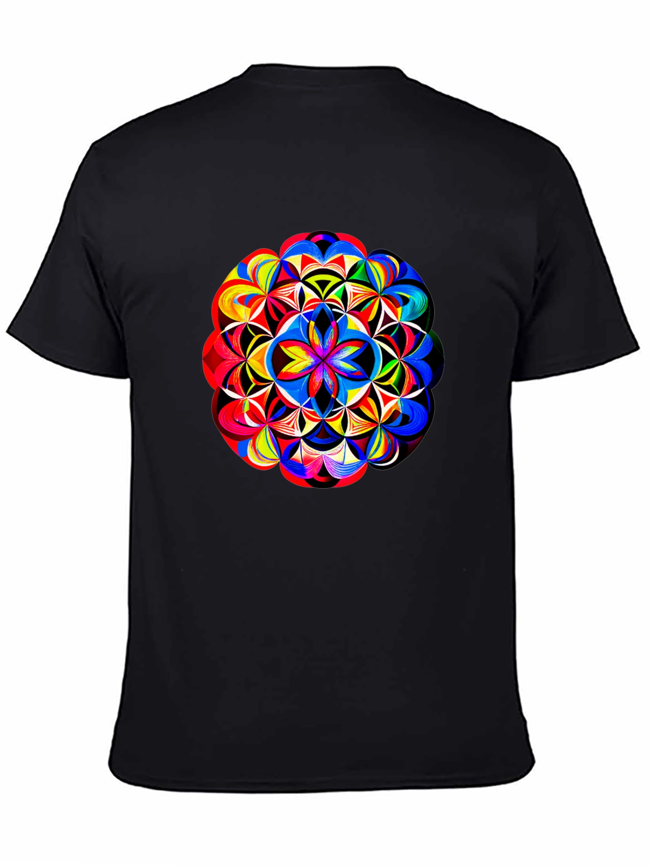 Vibrant Geometric Mandala Print Black T-Shirt