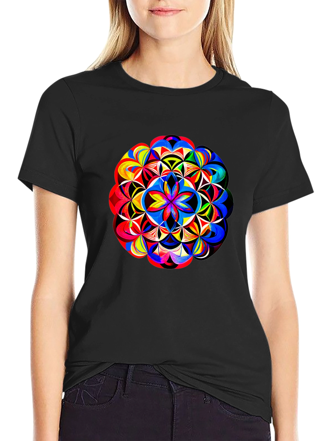 Vibrant Geometric Mandala Print Black T-Shirt