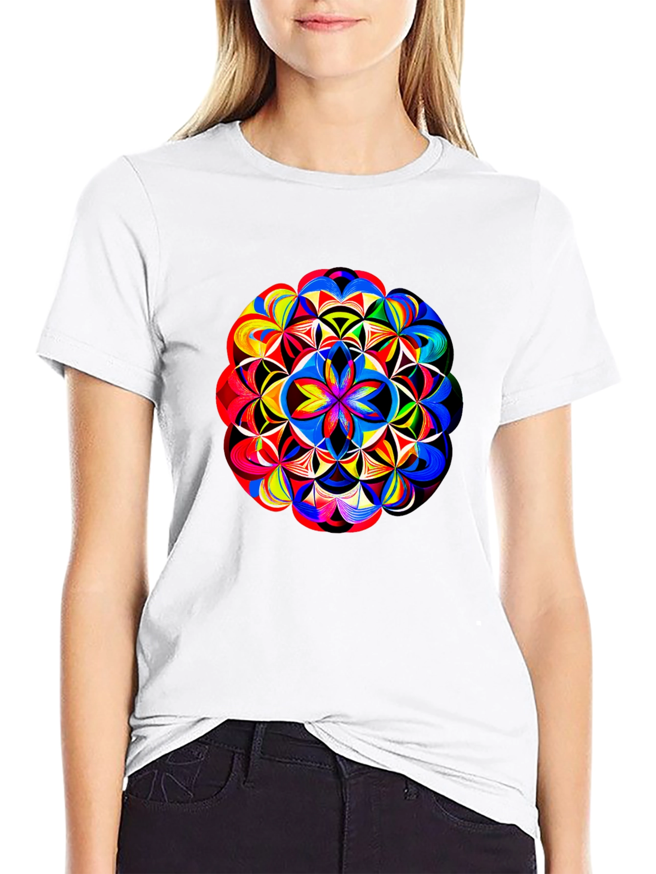 Vibrant Geometric Mandala Print Black T-Shirt