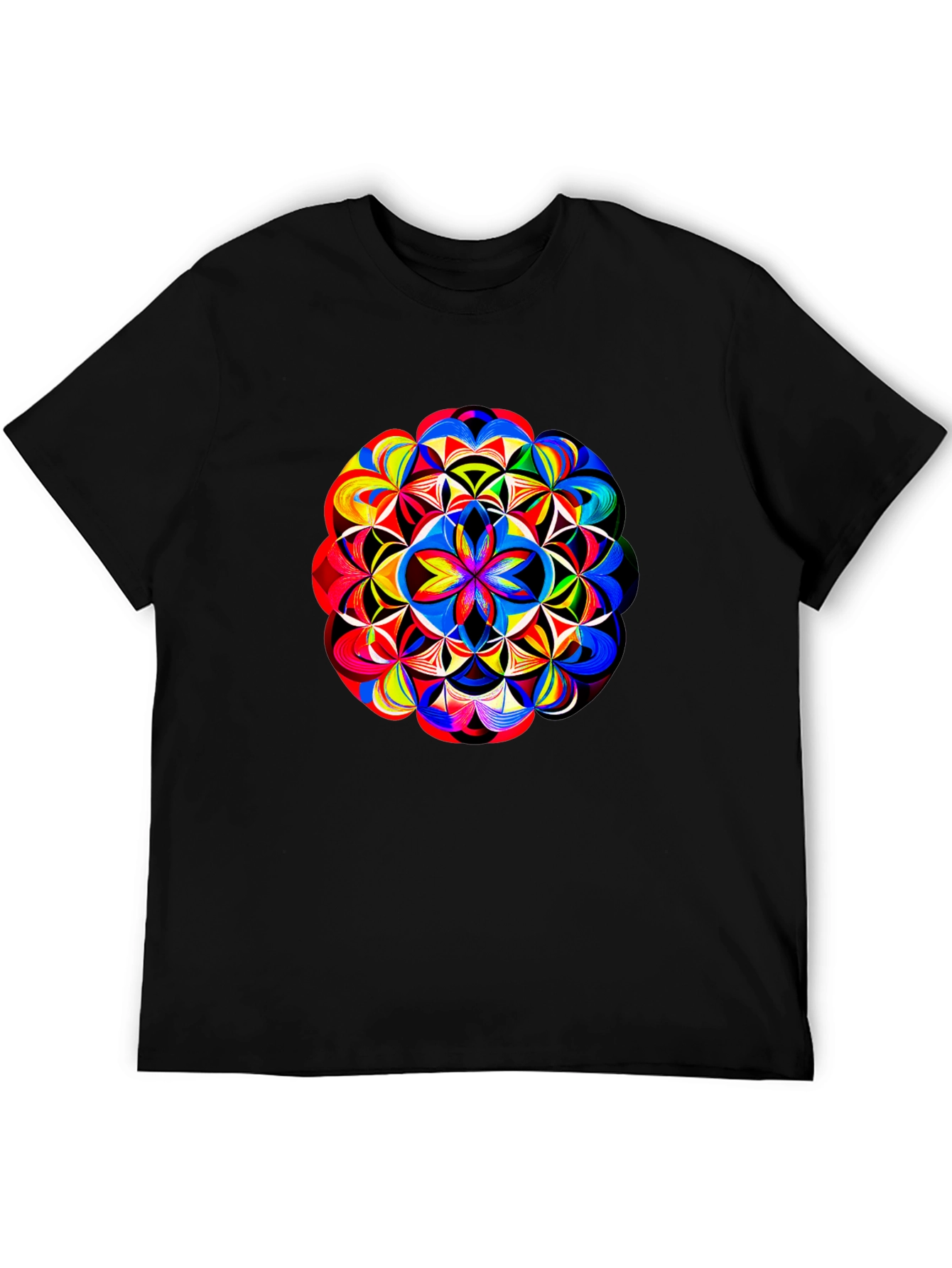 Vibrant Geometric Mandala Print Black T-Shirt