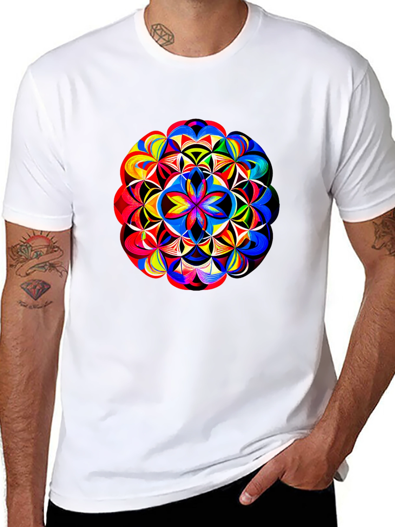 Vibrant Geometric Mandala Print Black T-Shirt
