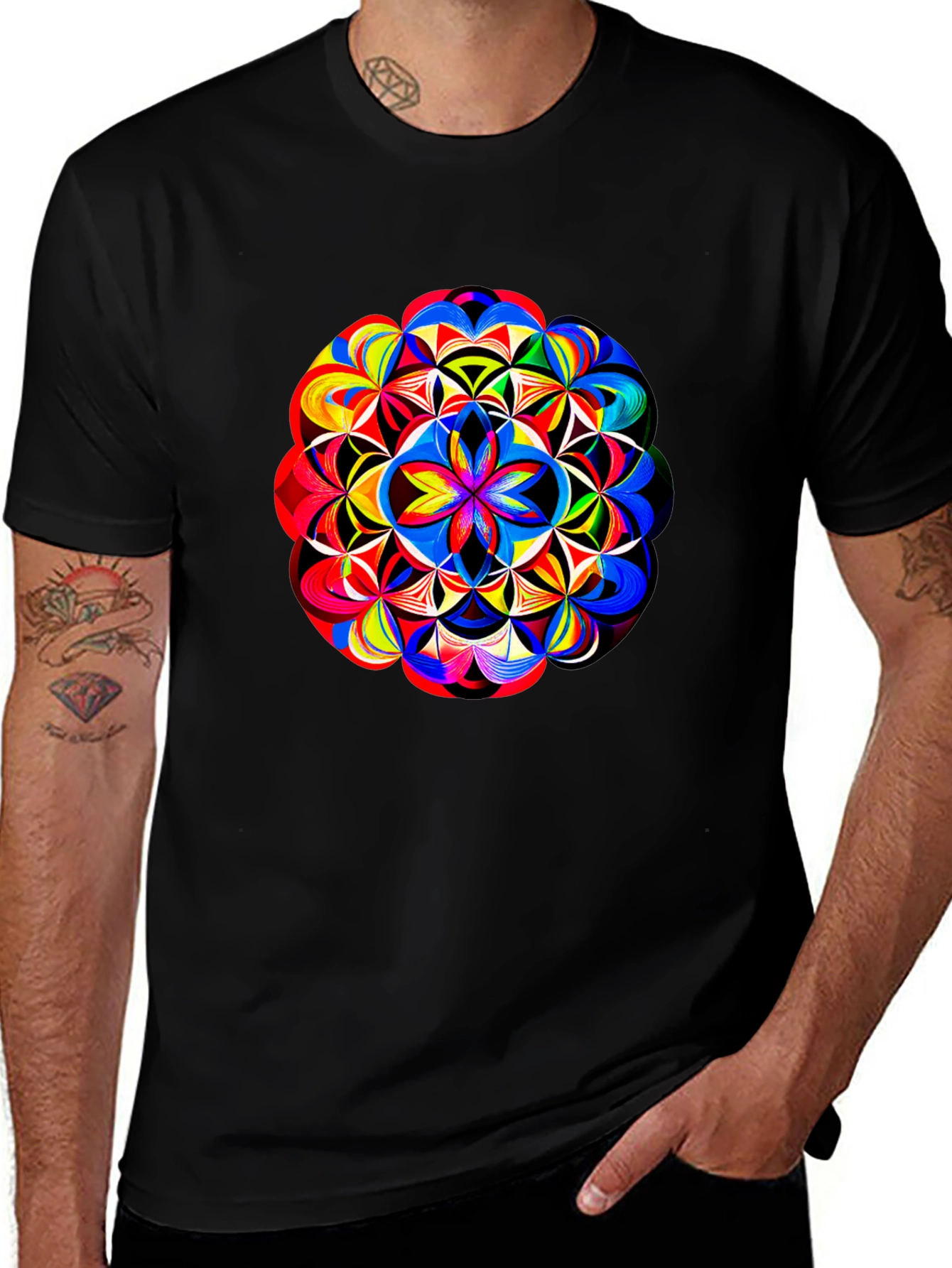 Vibrant Geometric Mandala Print Black T-Shirt