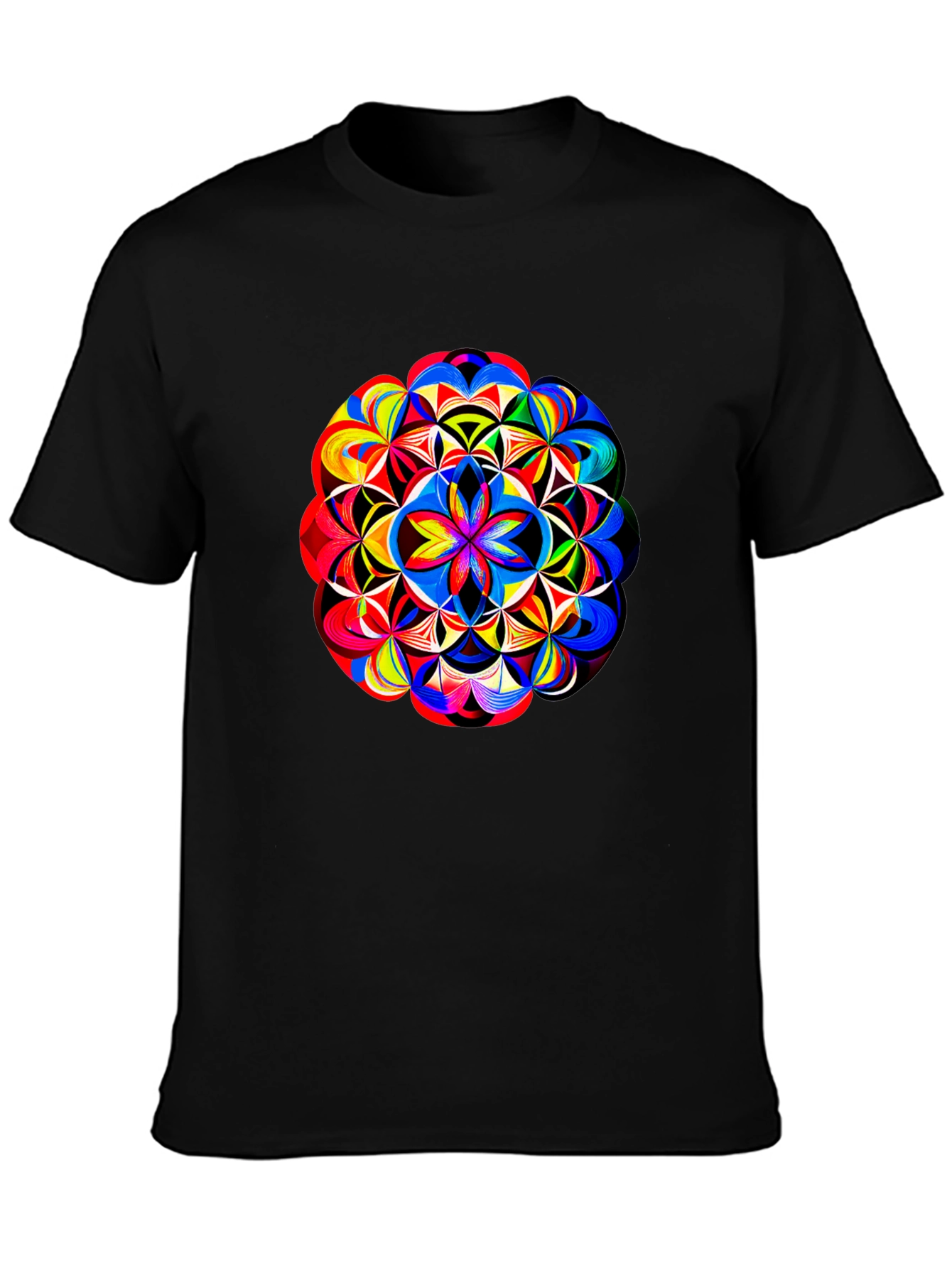Vibrant Geometric Mandala Print Black T-Shirt