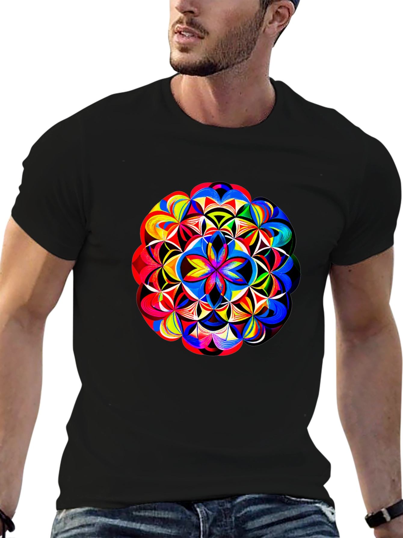 Vibrant Geometric Mandala Print Black T-Shirt