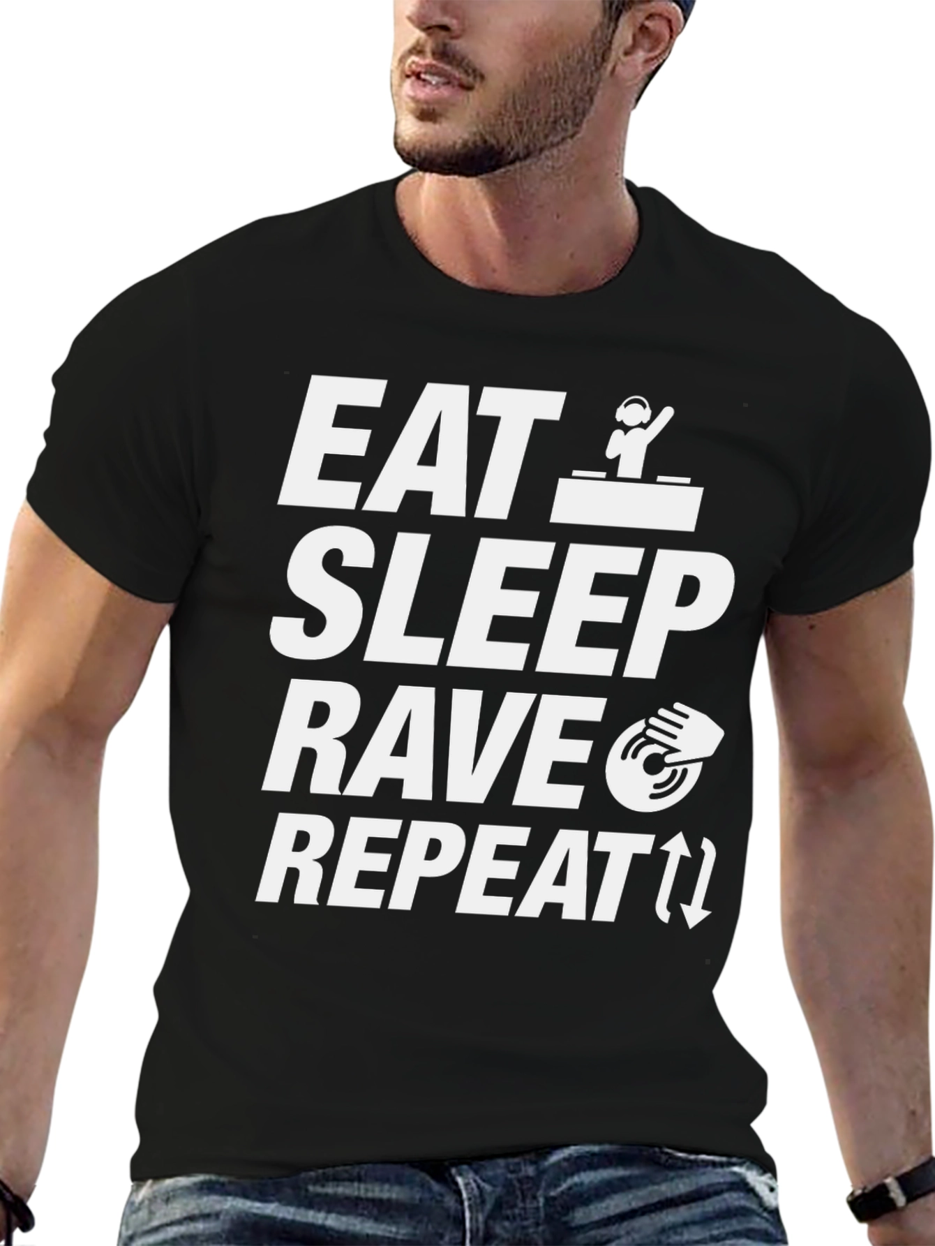 Eat Sleep Rave Repeat Black Graphic T-Shirt