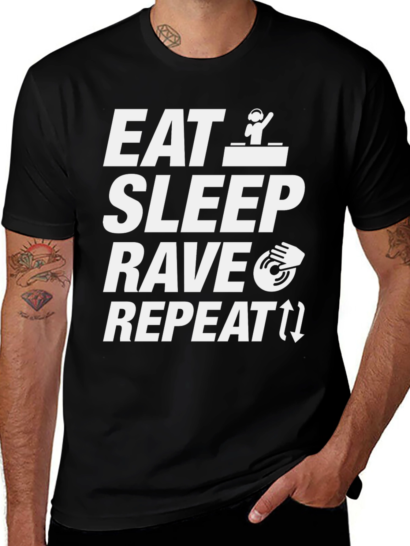 Eat Sleep Rave Repeat Black Graphic T-Shirt