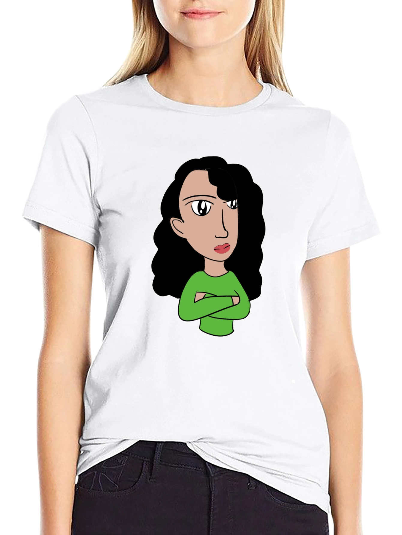 Cartoon Girl Graphic Tee - Black Cotton T-Shirt