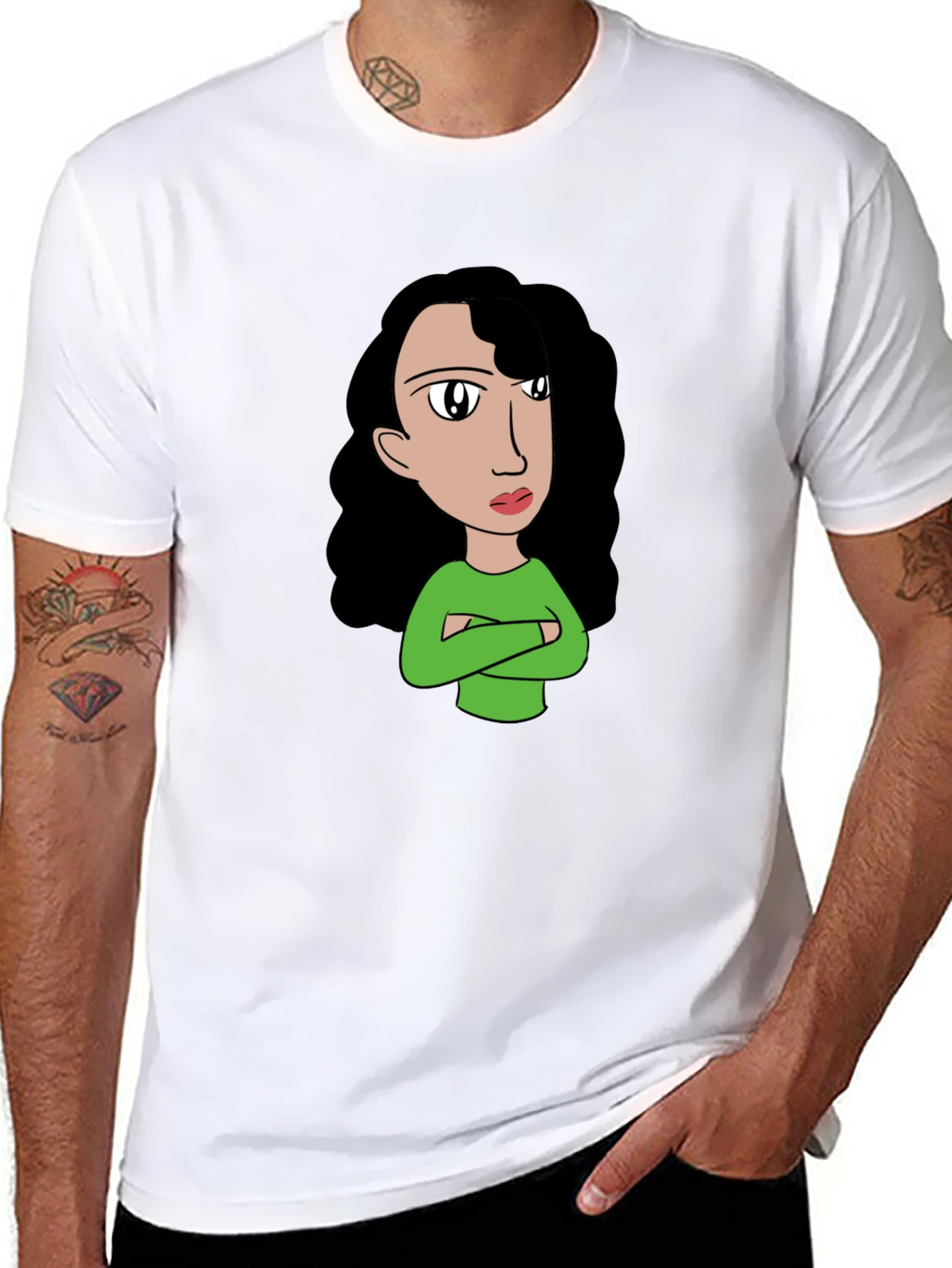 Cartoon Girl Graphic Tee - Black Cotton T-Shirt