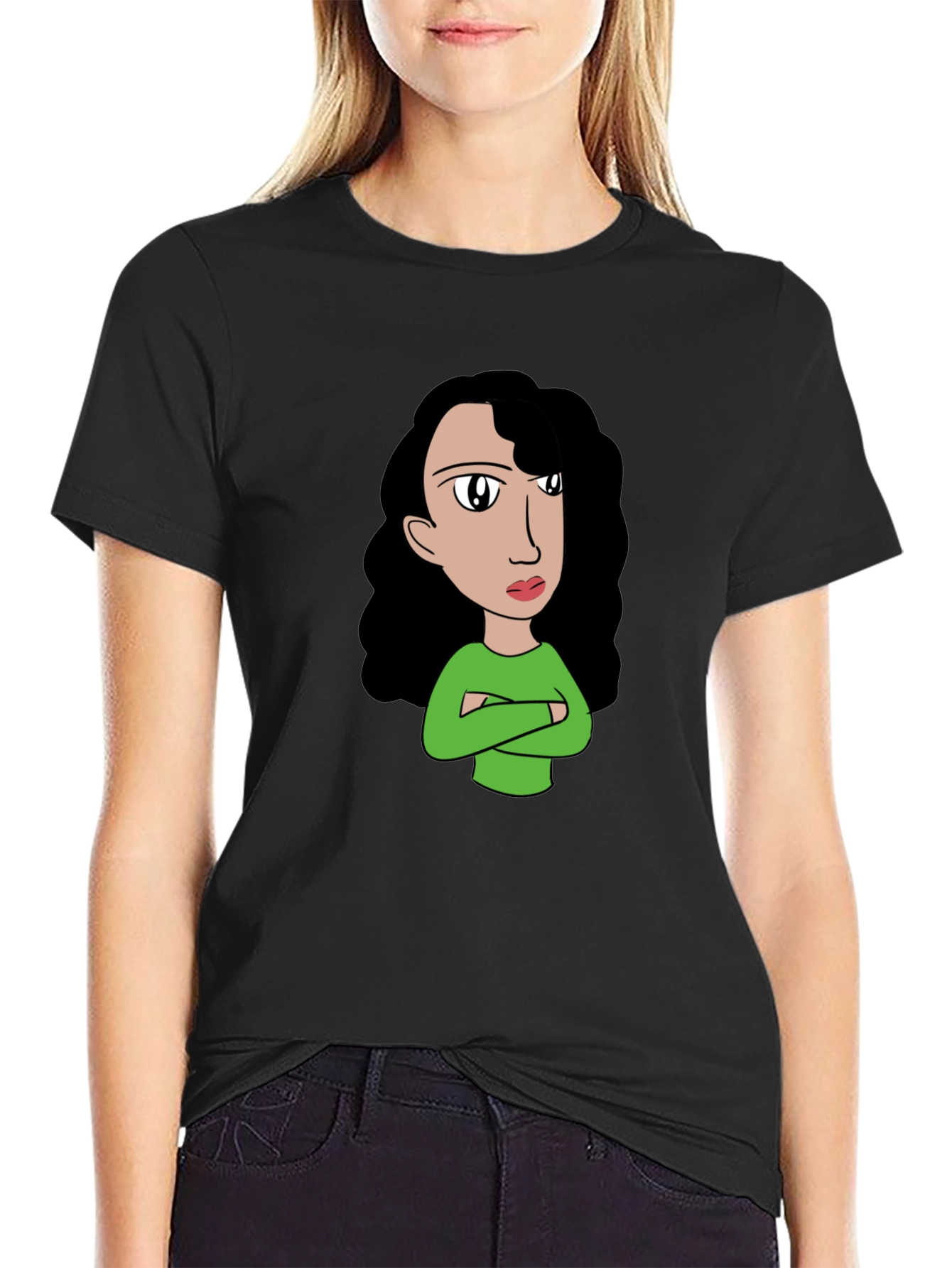 Cartoon Girl Graphic Tee - Black Cotton T-Shirt