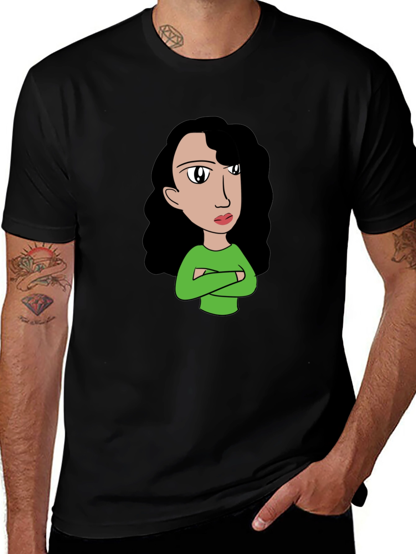 Cartoon Girl Graphic Tee - Black Cotton T-Shirt