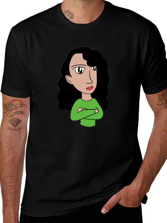 Cartoon Girl Graphic Tee - Black Cotton T-Shirt