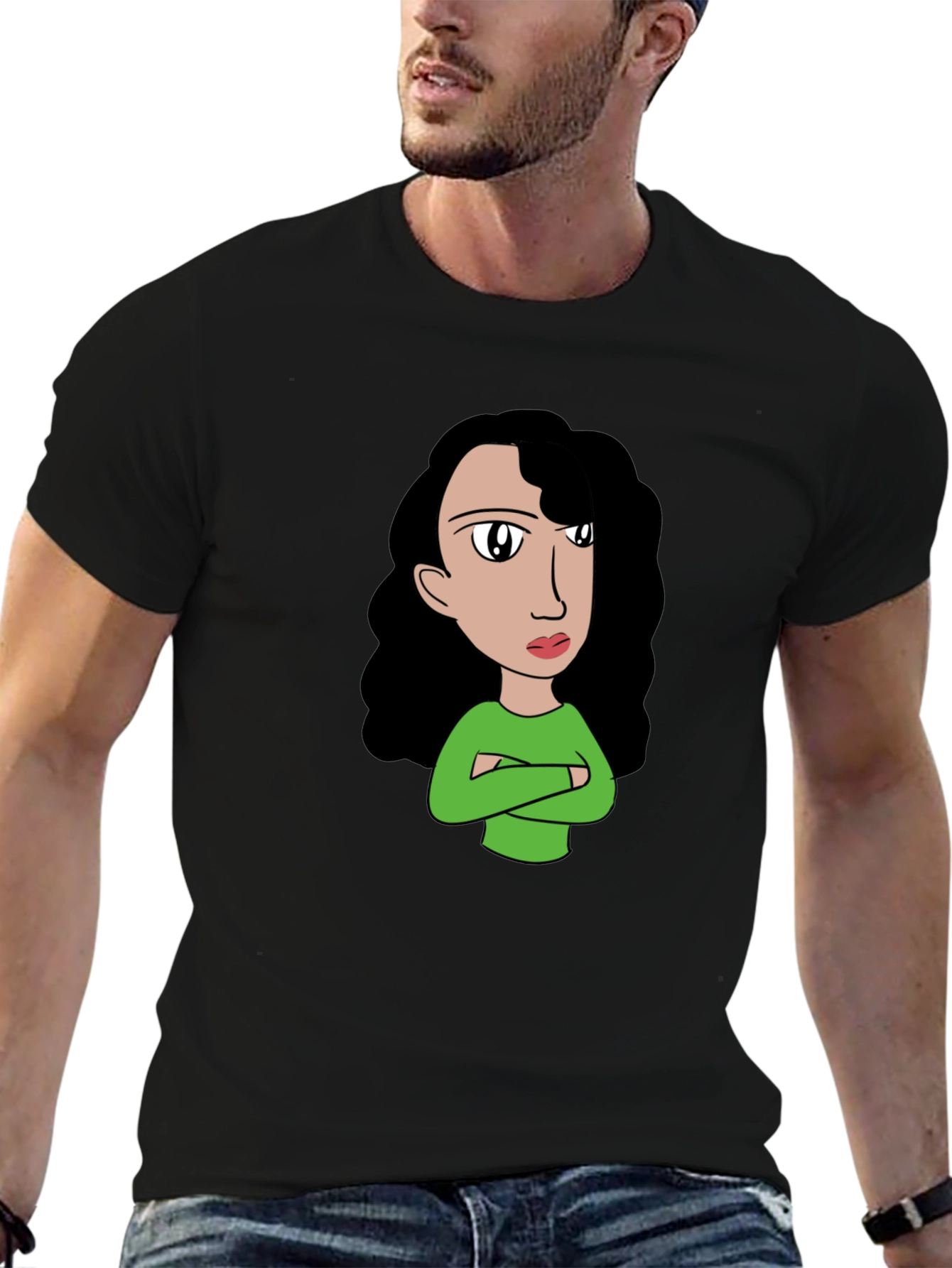 Cartoon Girl Graphic Tee - Black Cotton T-Shirt