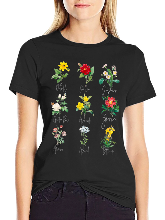 Floral Botanical Print Black T-Shirt