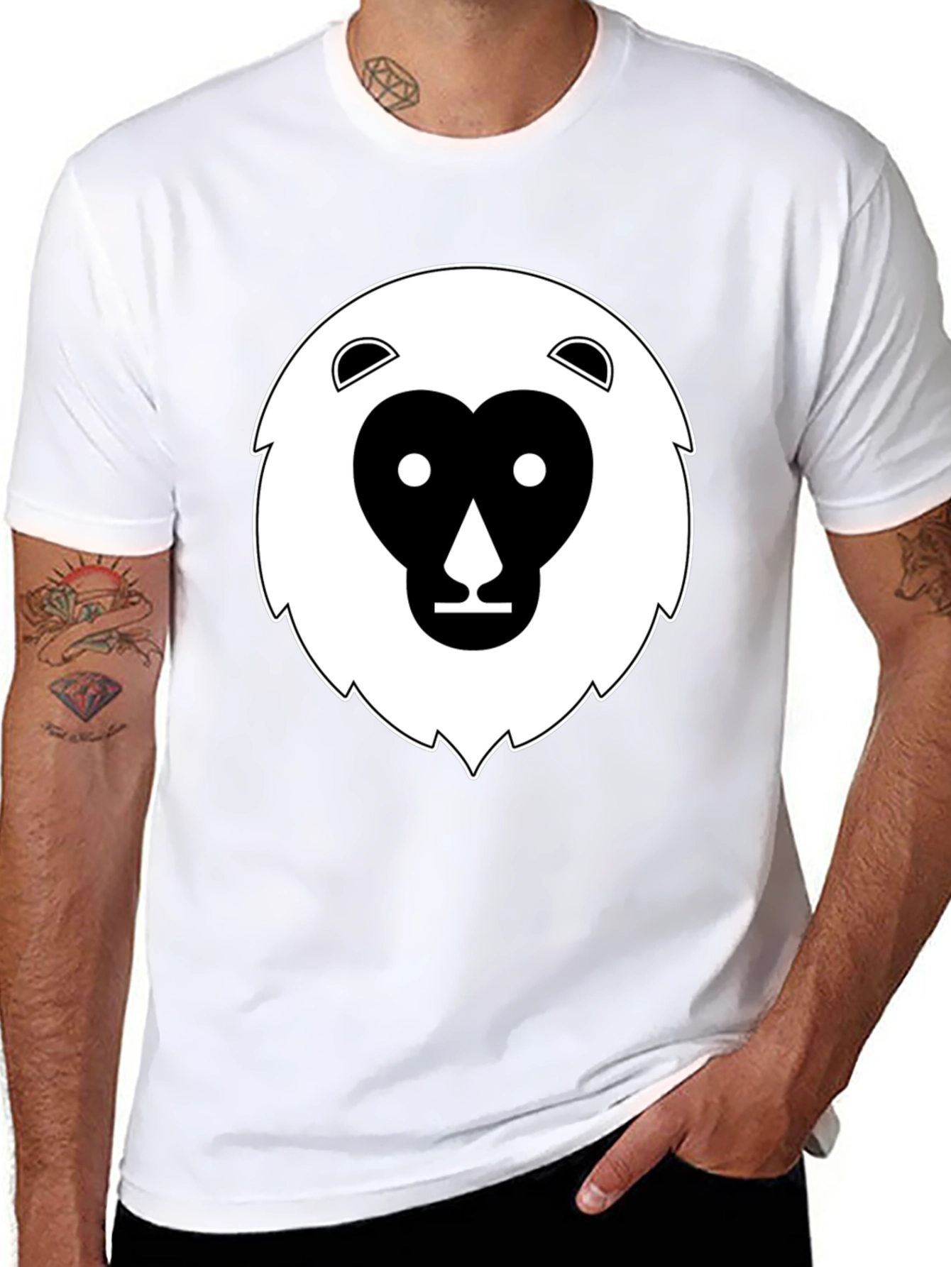 Black T-Shirt with Geometric Animal Face Design