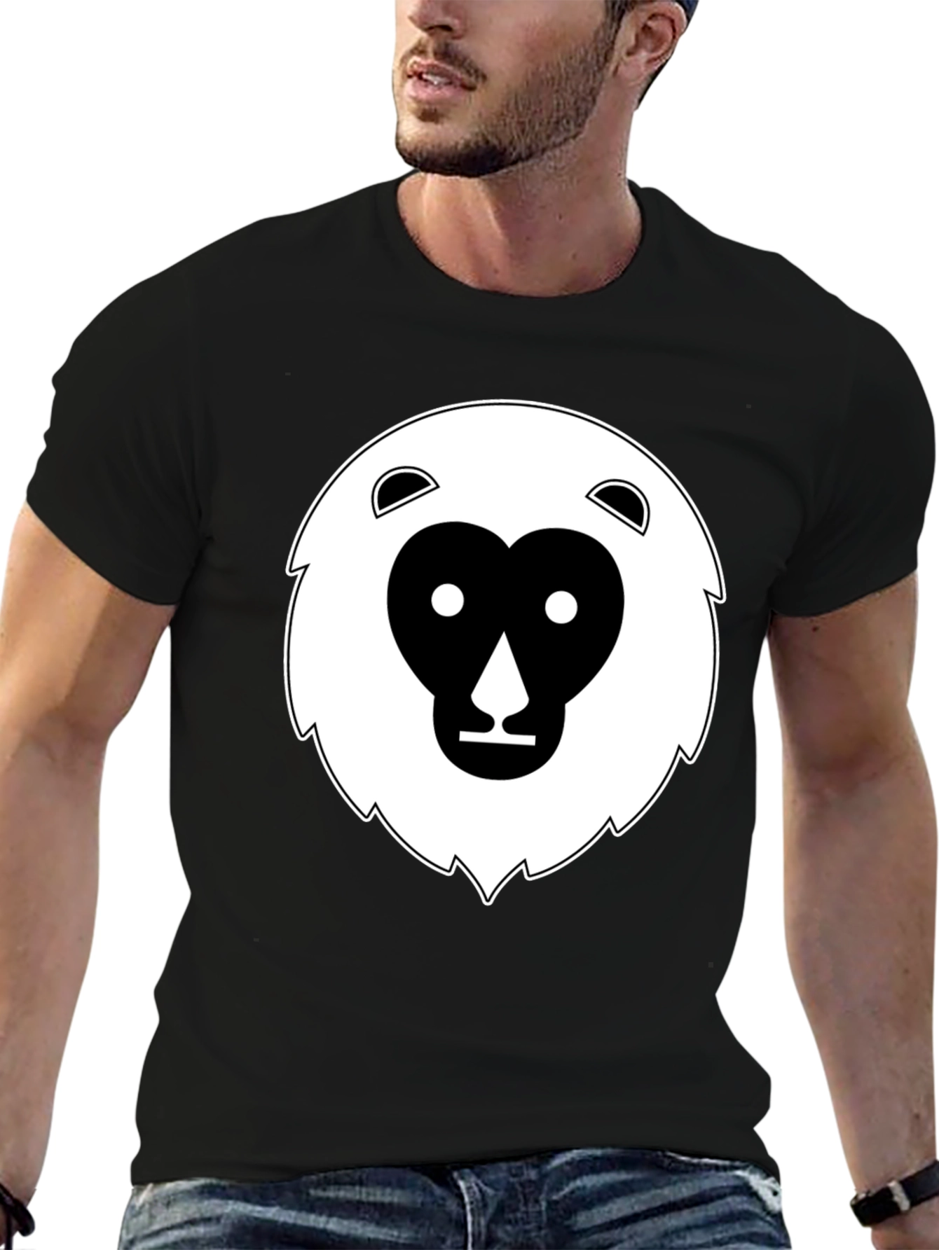 Black T-Shirt with Geometric Animal Face Design