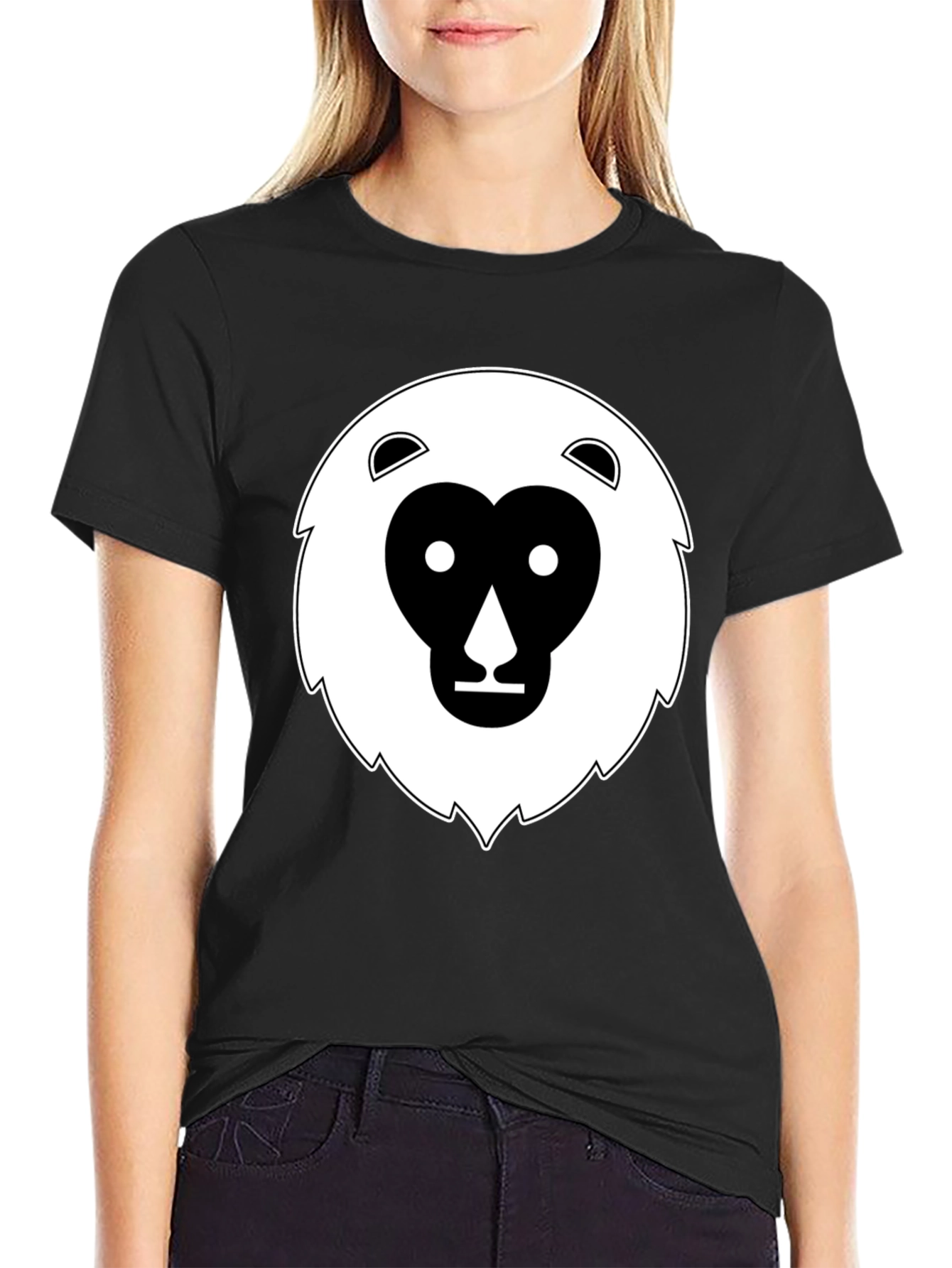 Black T-Shirt with Geometric Animal Face Design