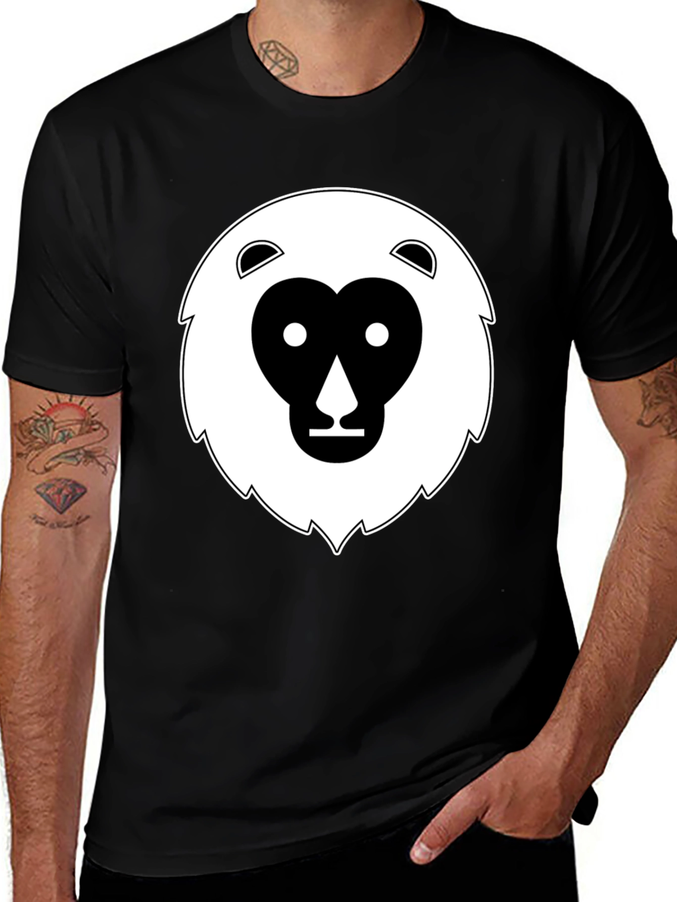 Black T-Shirt with Geometric Animal Face Design