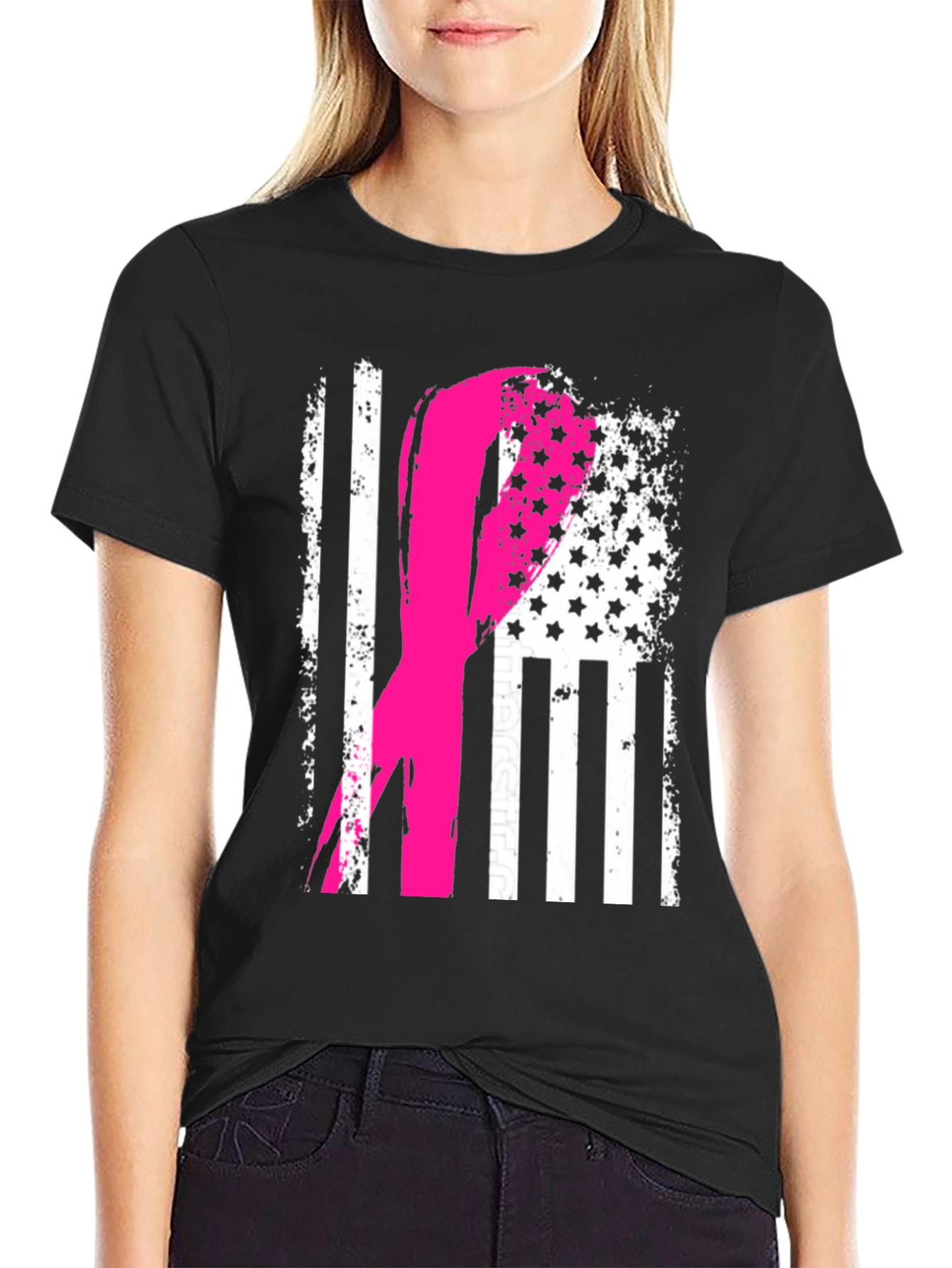 Breast Cancer Awareness American Flag Ribbon Tee