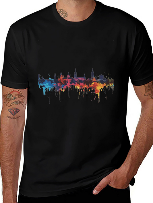 Colorful Skyline Mens Black T-Shirt