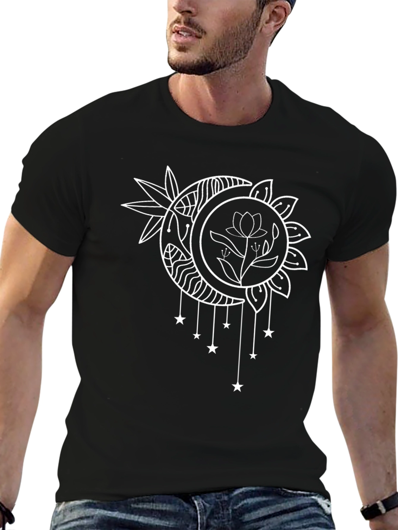 Celestial Moon & Star Graphic Black T-Shirt