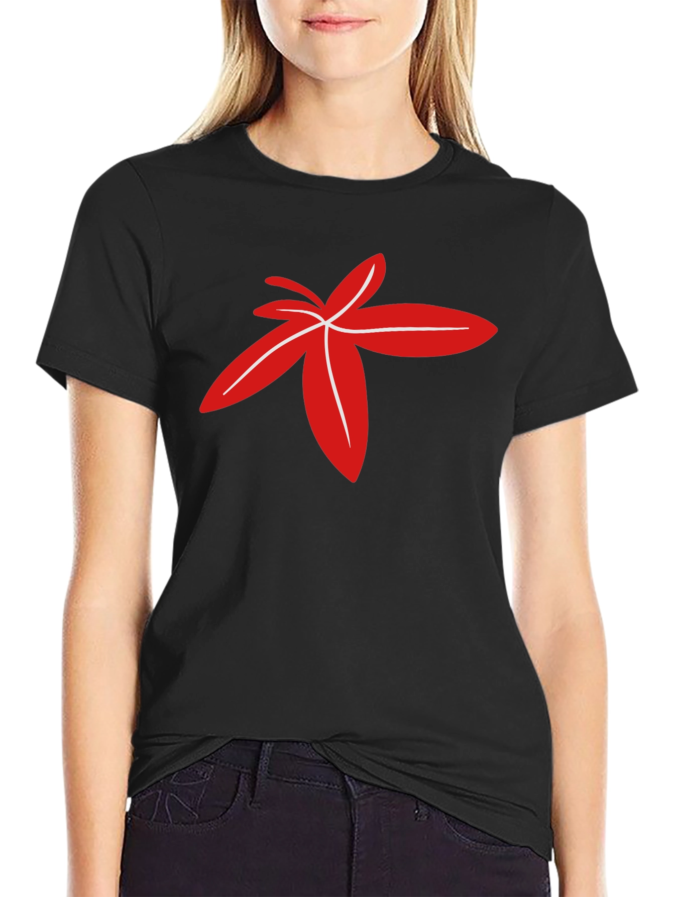 Modern Red Floral Design Black T-Shirt