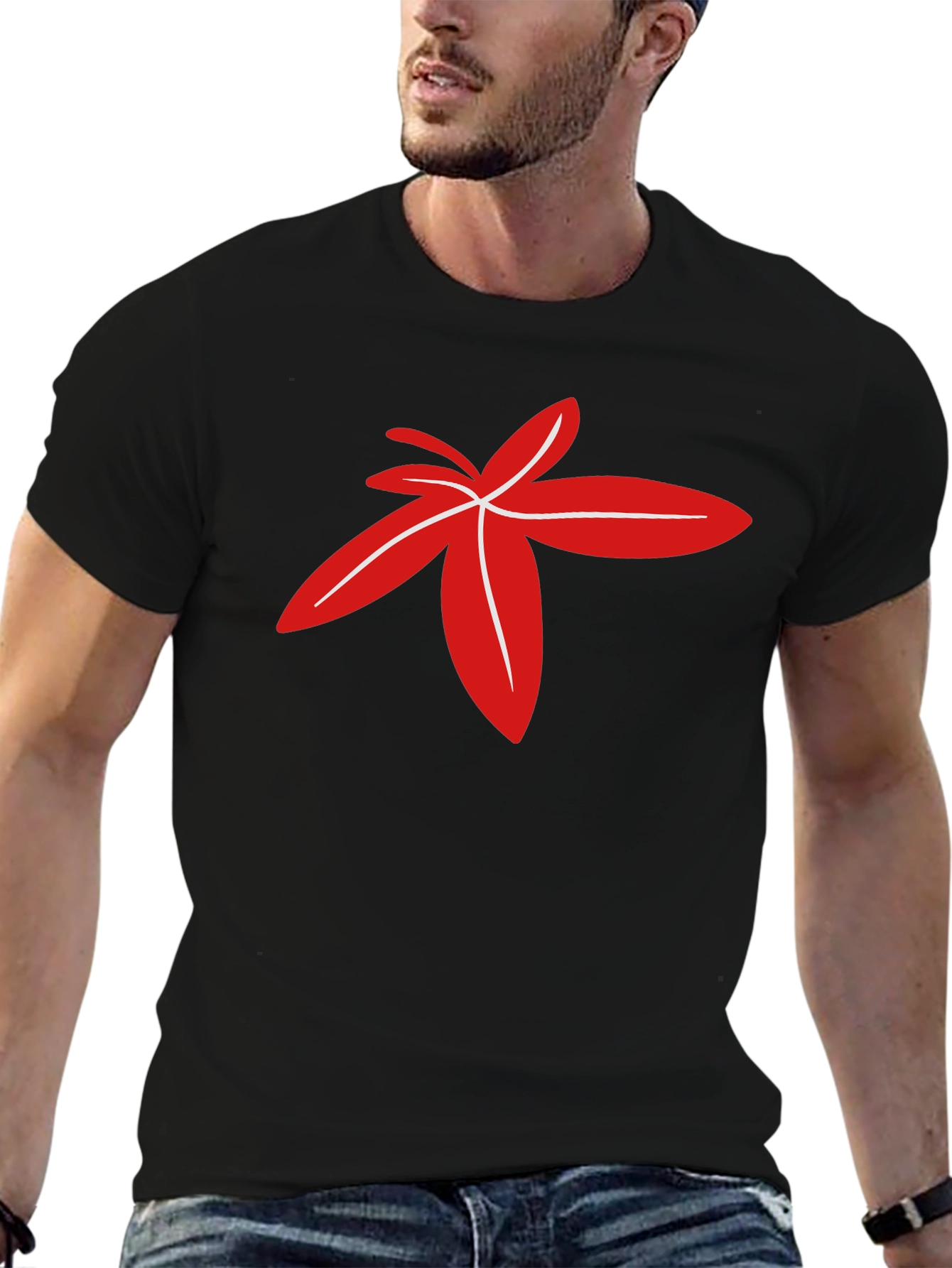 Modern Red Floral Design Black T-Shirt