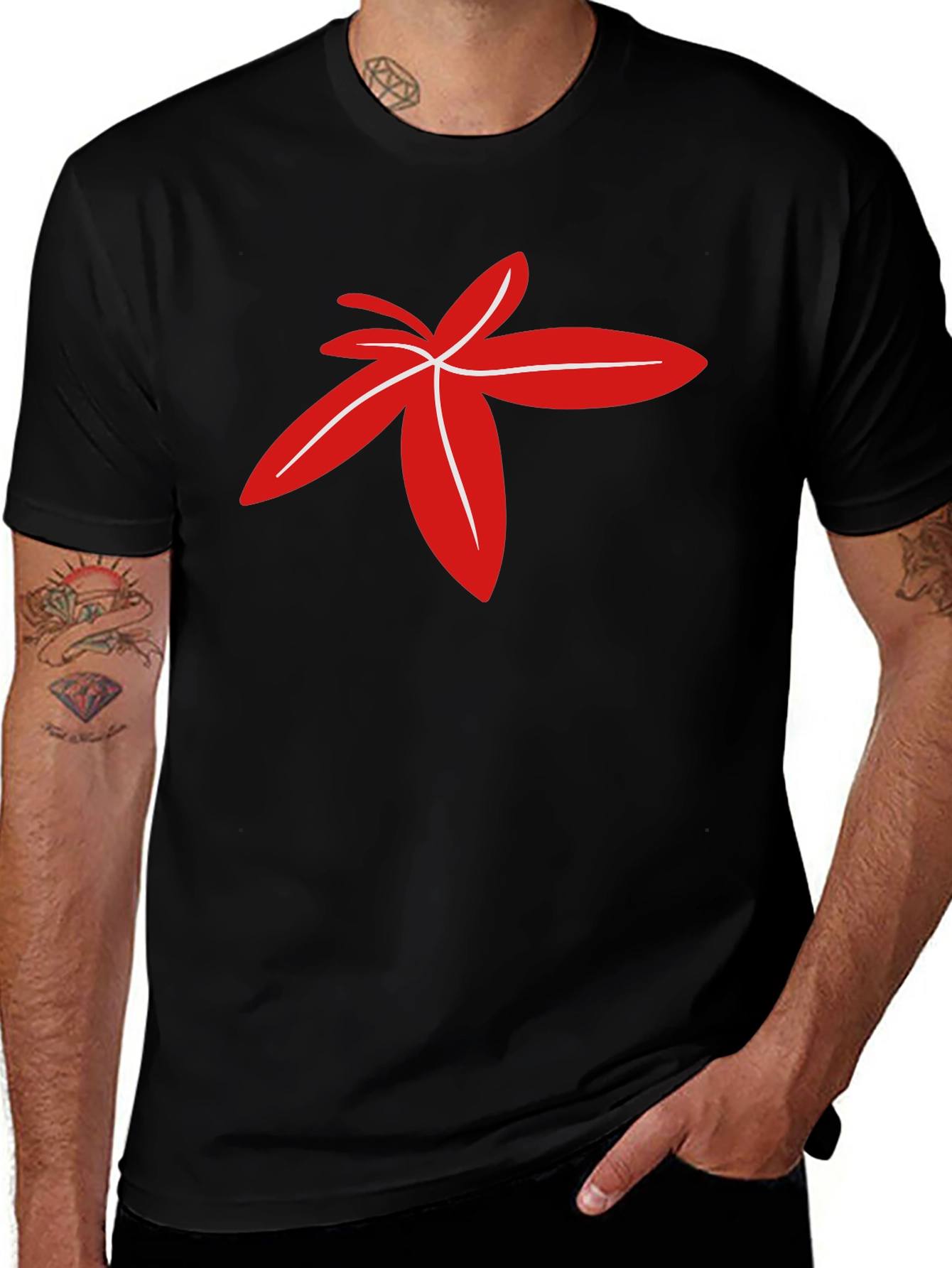 Modern Red Floral Design Black T-Shirt
