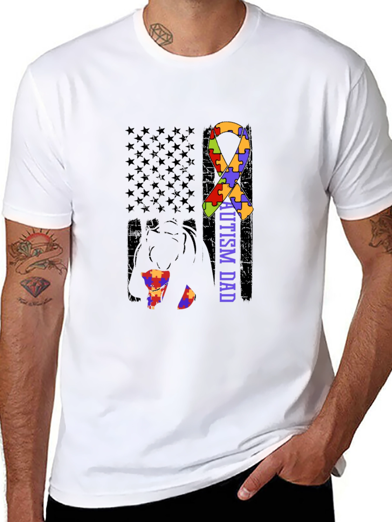 Autism Dad Awareness T-Shirt Puzzle Ribbon Design