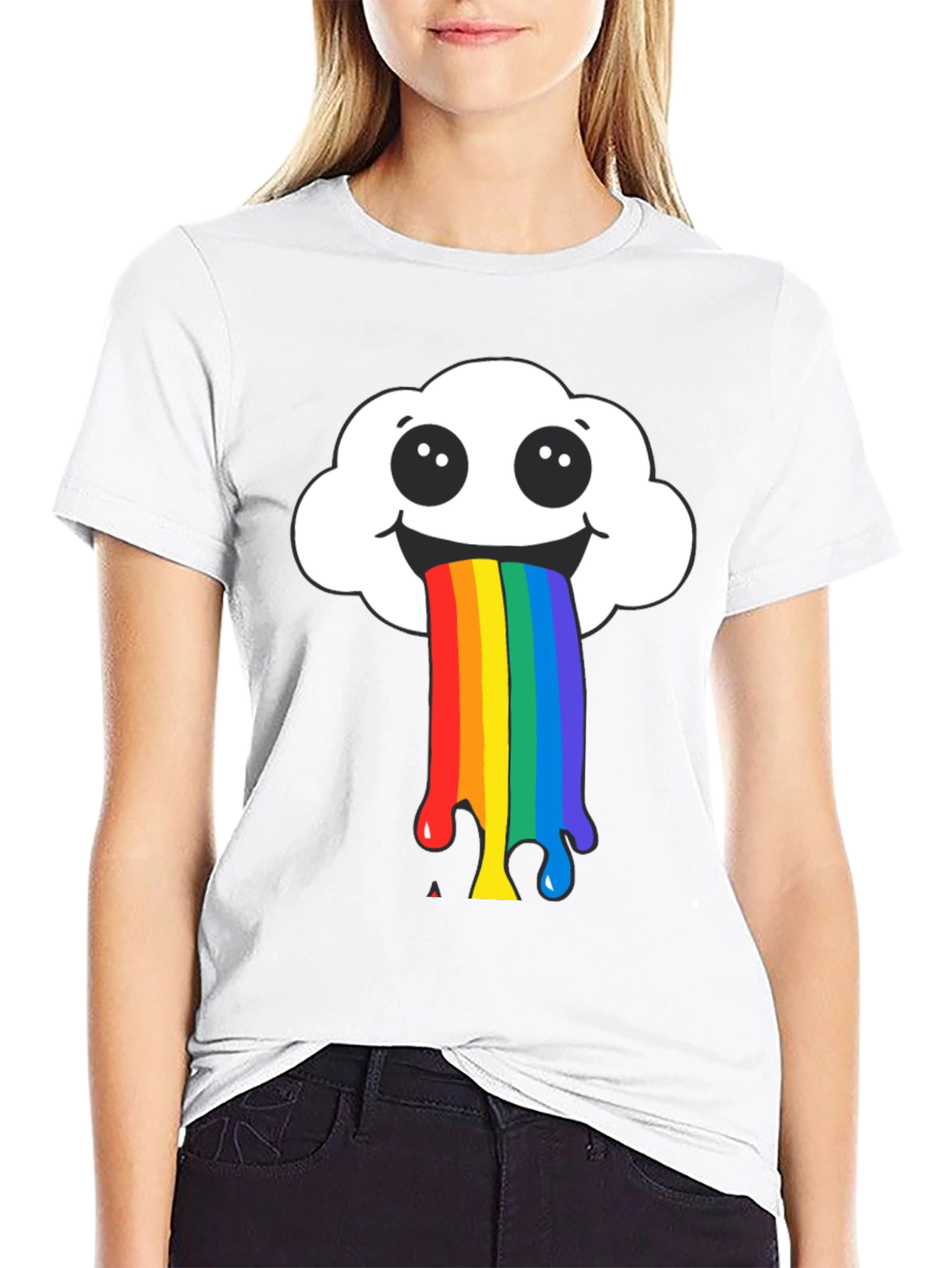 Rainbow Puke Cloud Graphic Tee - Black Cotton T-Shirt