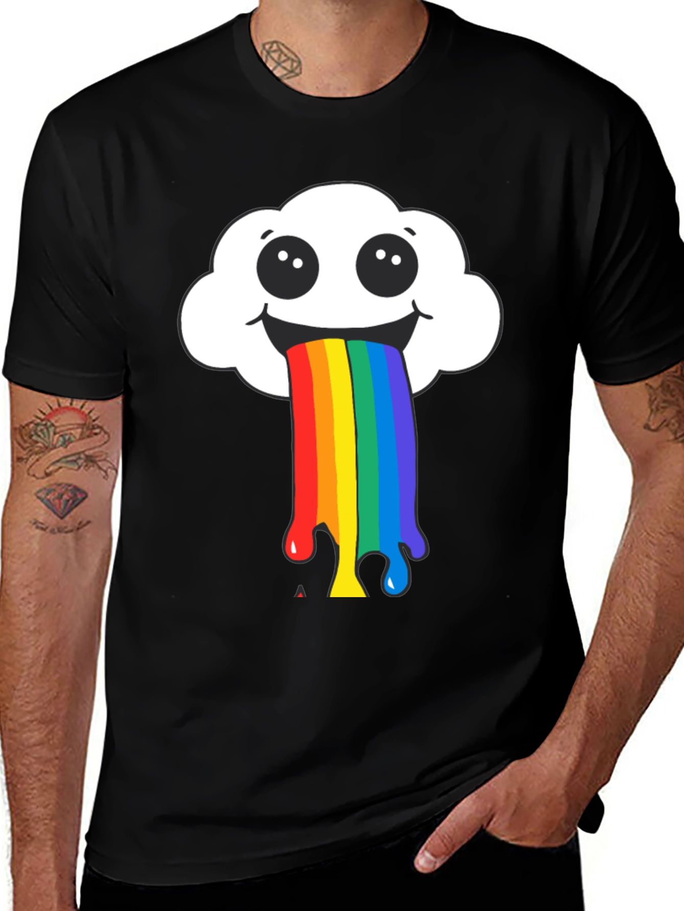 Rainbow Puke Cloud Graphic Tee - Black Cotton T-Shirt