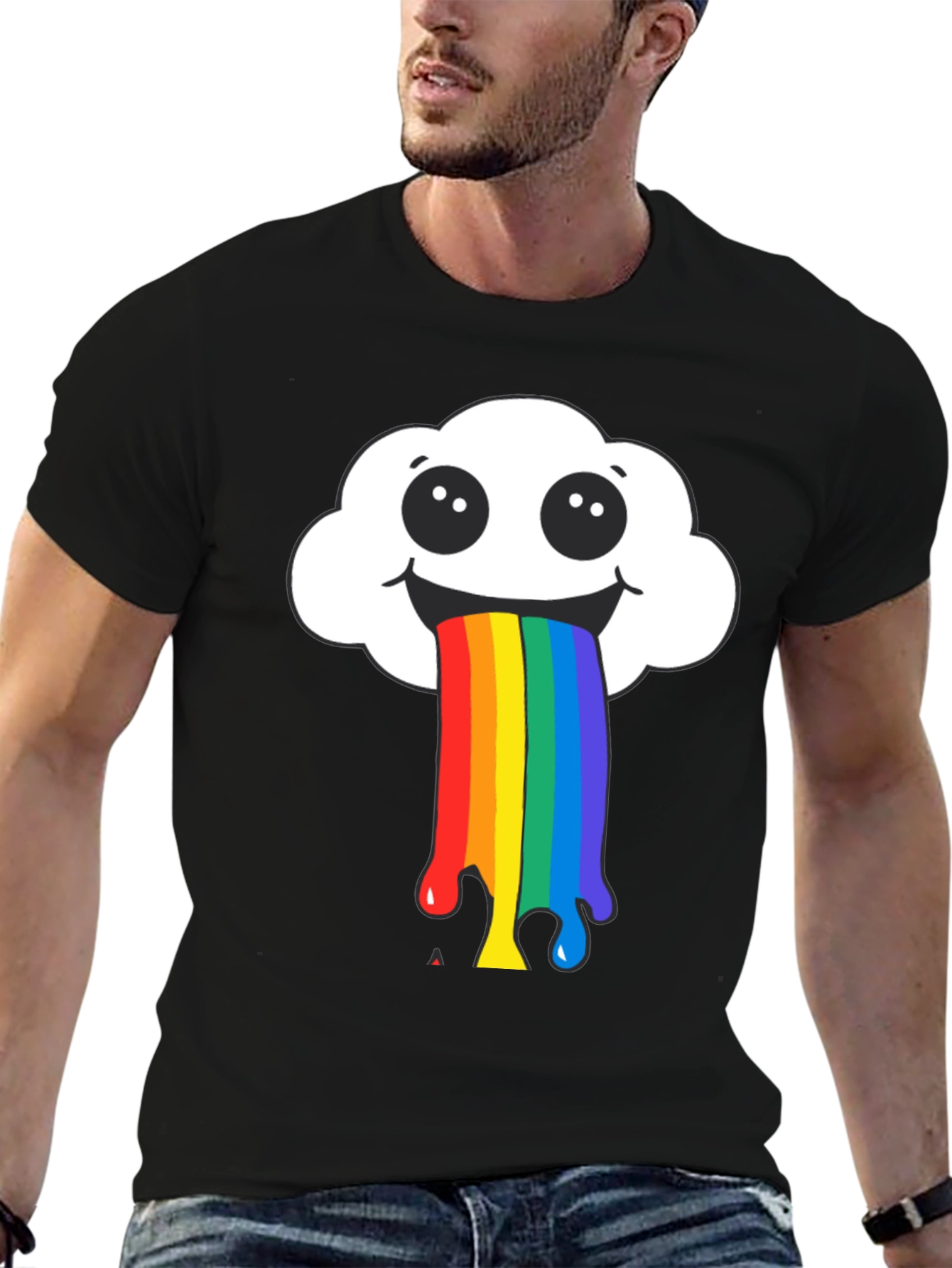Rainbow Puke Cloud Graphic Tee - Black Cotton T-Shirt
