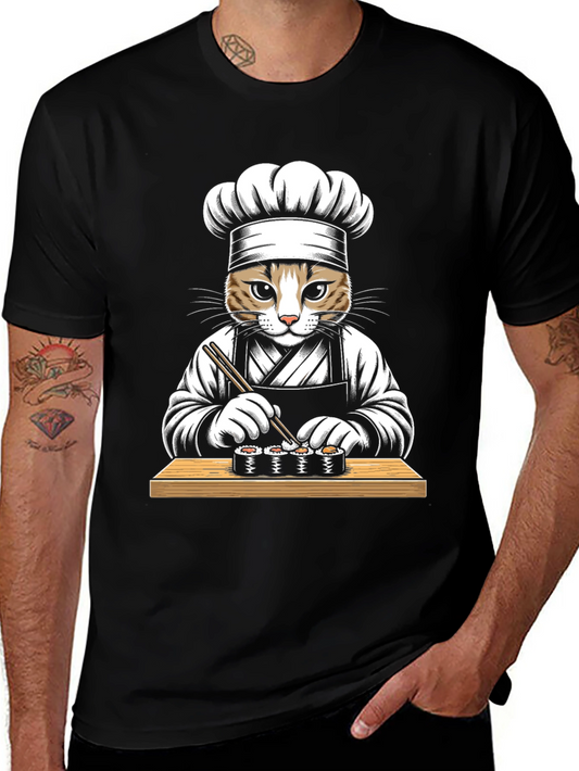 Cat Sushi Chef Graphic Tee - Unisex Black T-Shirt