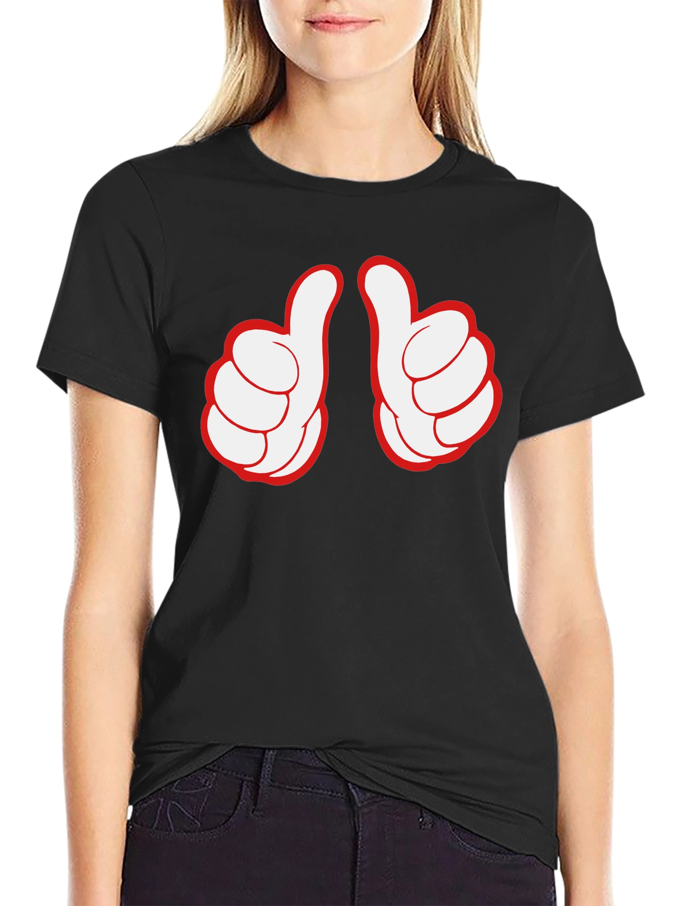 Thumbs Up Graphic Tee - Black Crew Neck