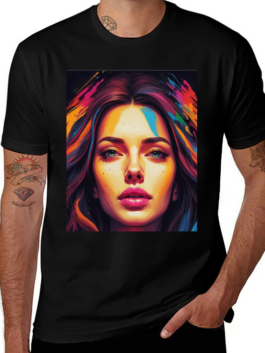 Artistic Woman Graphic Tee - Bold Colorful Portrait