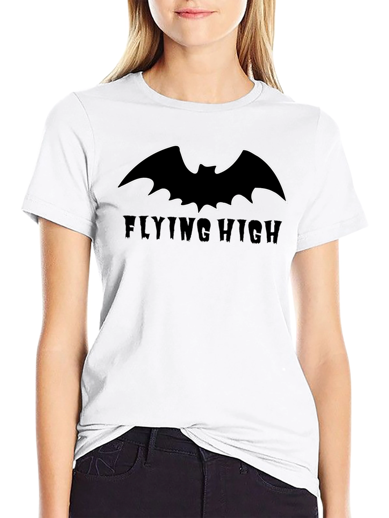 Bat Outline Flying High Graphic Black T-Shirt