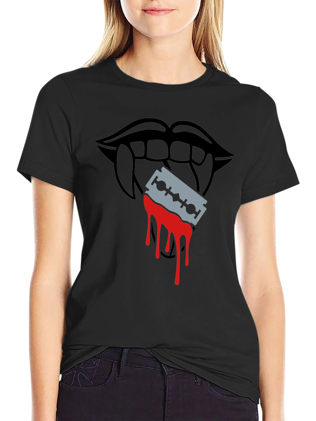 Edgy Vampire Lips Razor Blade Graphic Tee