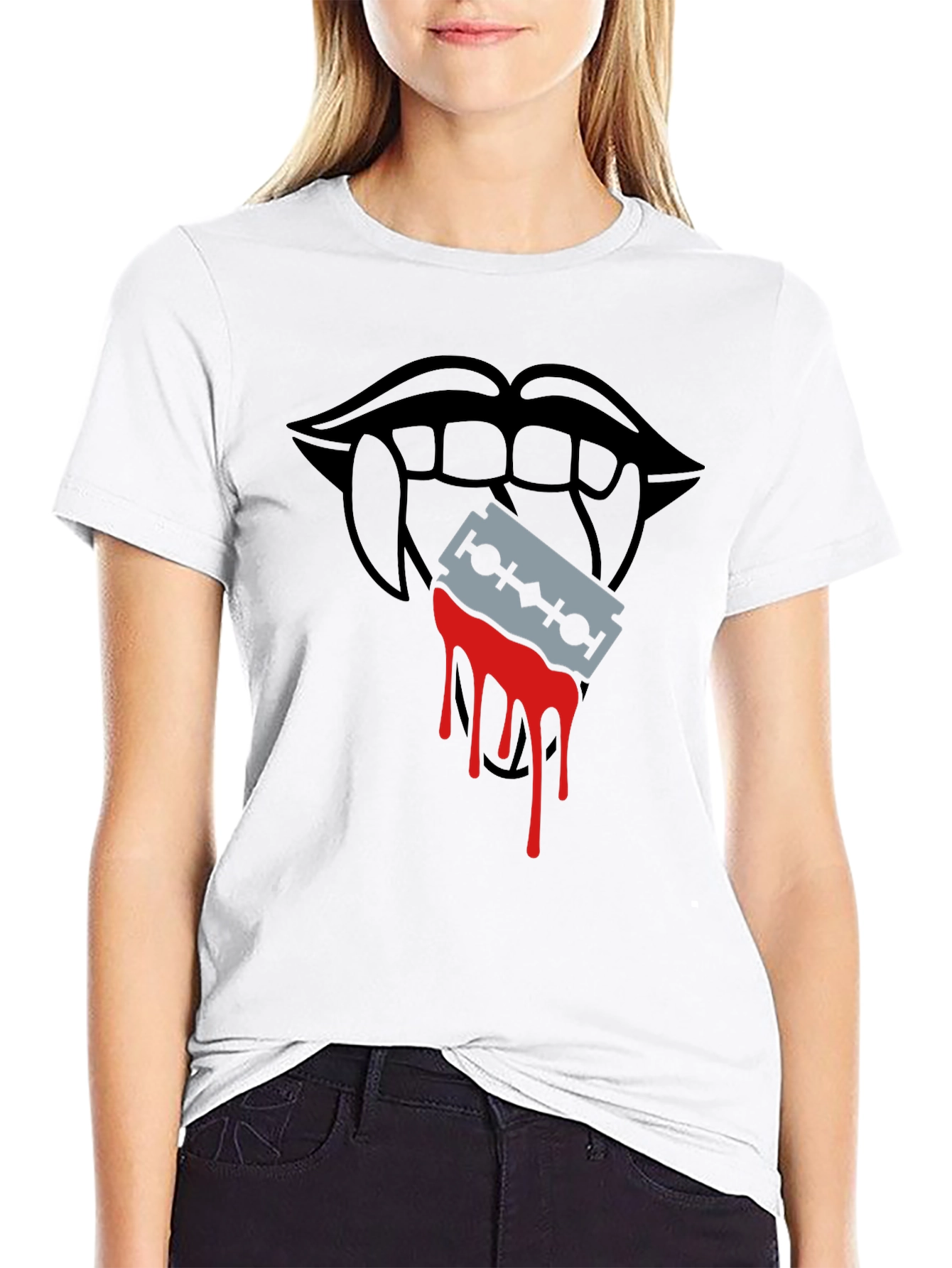 Edgy Vampire Lips Razor Blade Graphic Tee