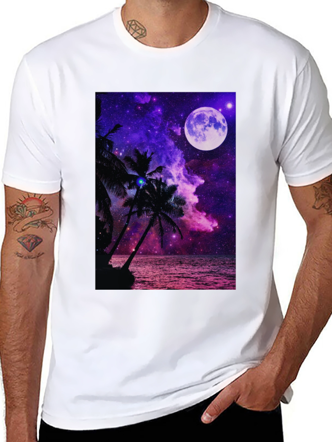 Galaxy Dream Tee - Moonlit Palm Tree Design