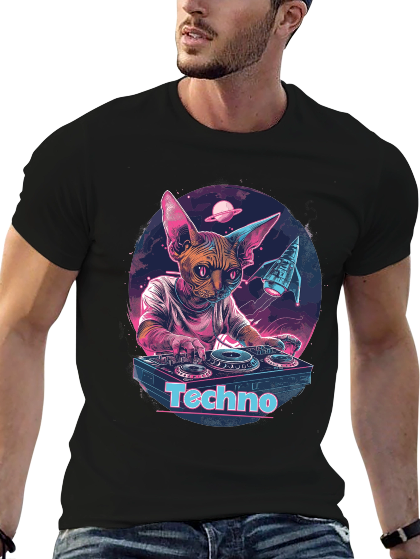 DJ Cat Sphynx Techno Music T-Shirt