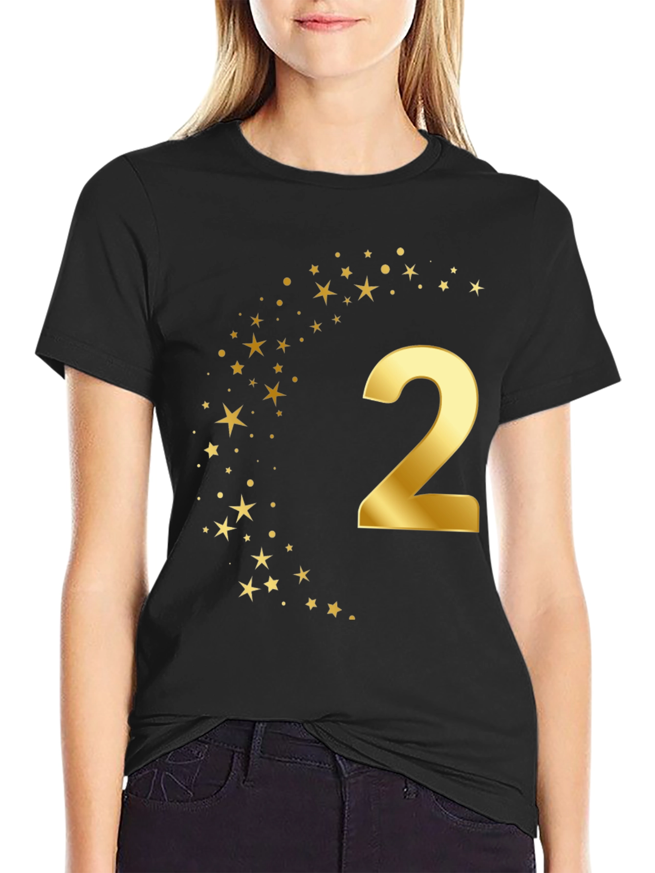 Golden Number Two Stars Birthday T-Shirt