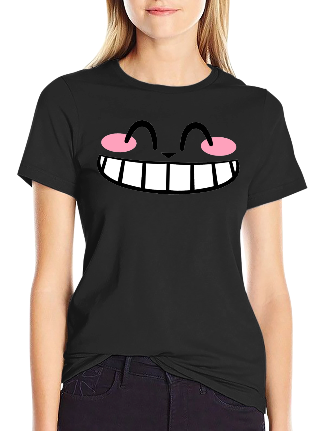 Cute Anime Face Graphic Black T-Shirt