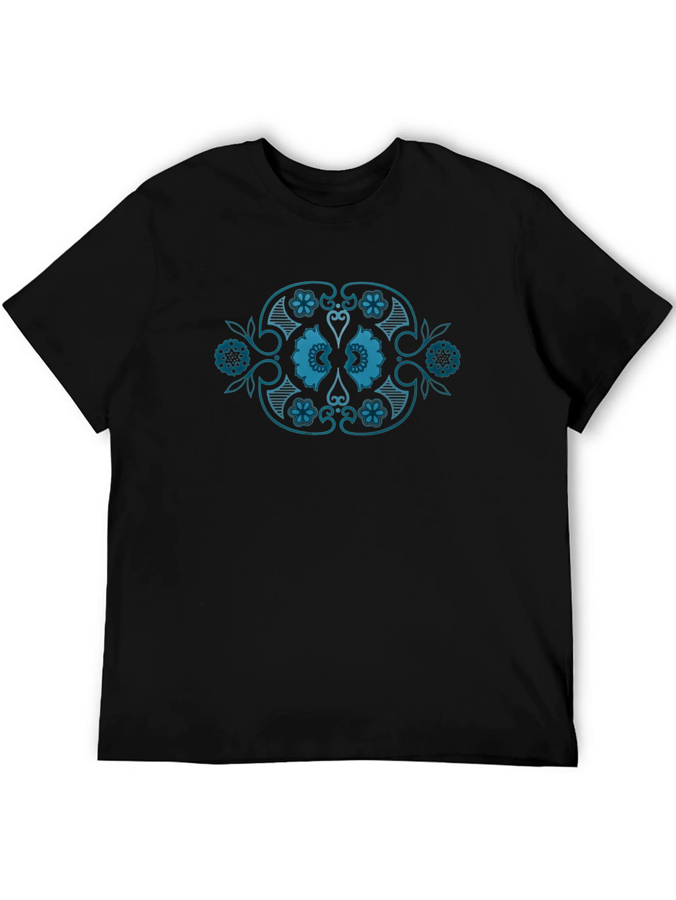 Black T-Shirt with Teal Floral Medallion Design
