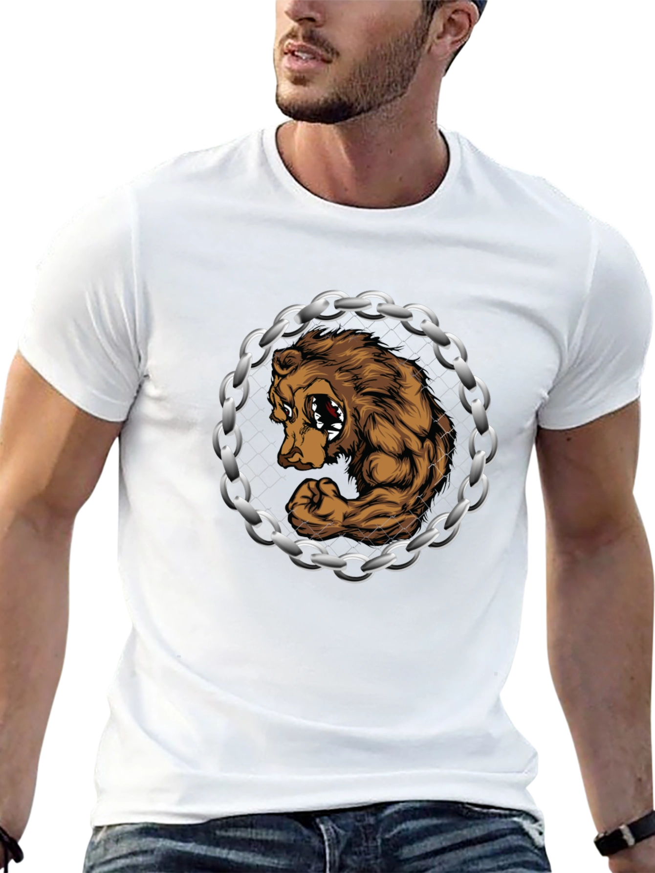 Bear Muscle Chains Graphic T-Shirt - Black