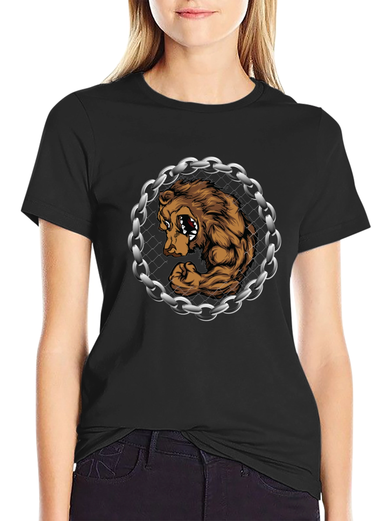Bear Muscle Chains Graphic T-Shirt - Black