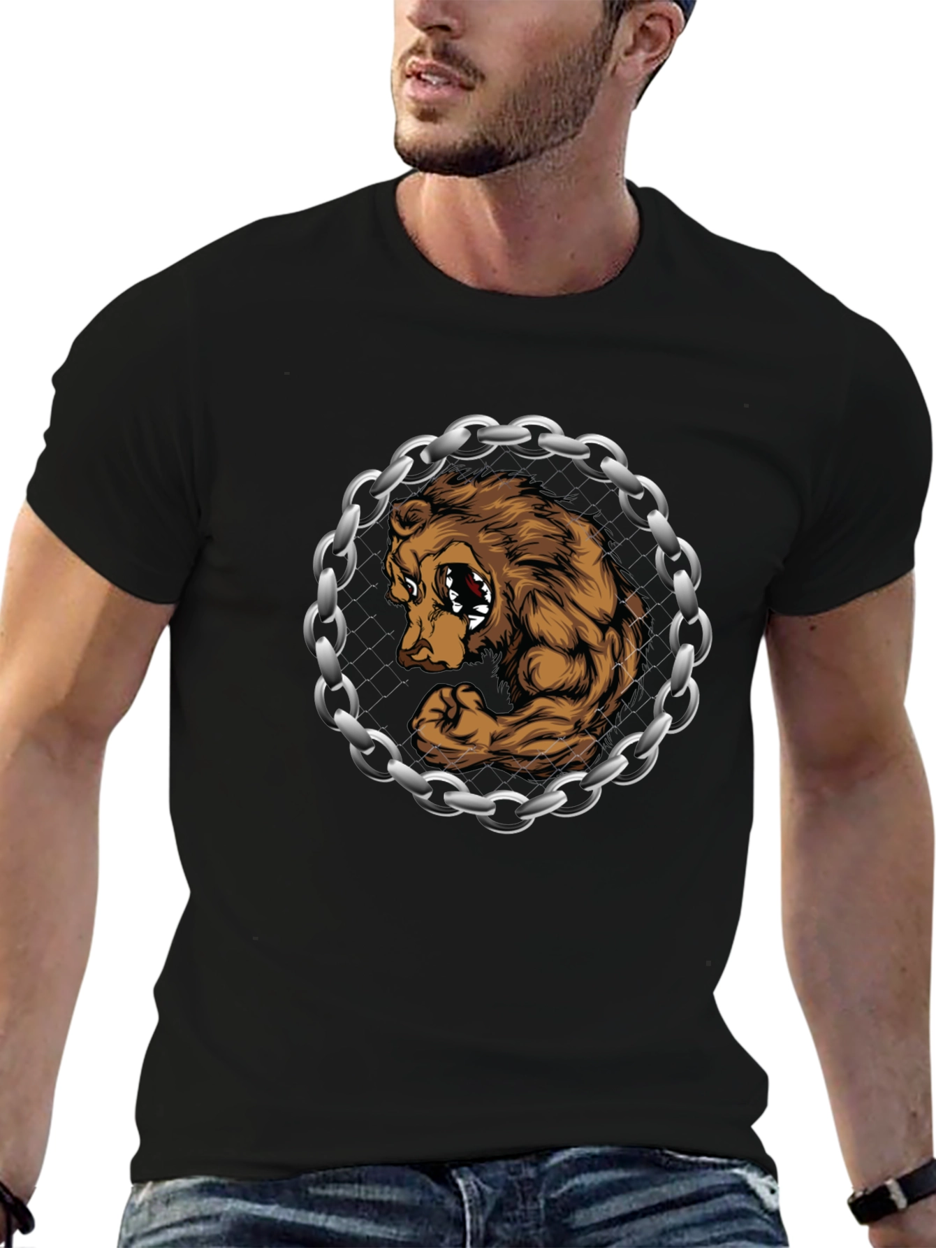 Bear Muscle Chains Graphic T-Shirt - Black