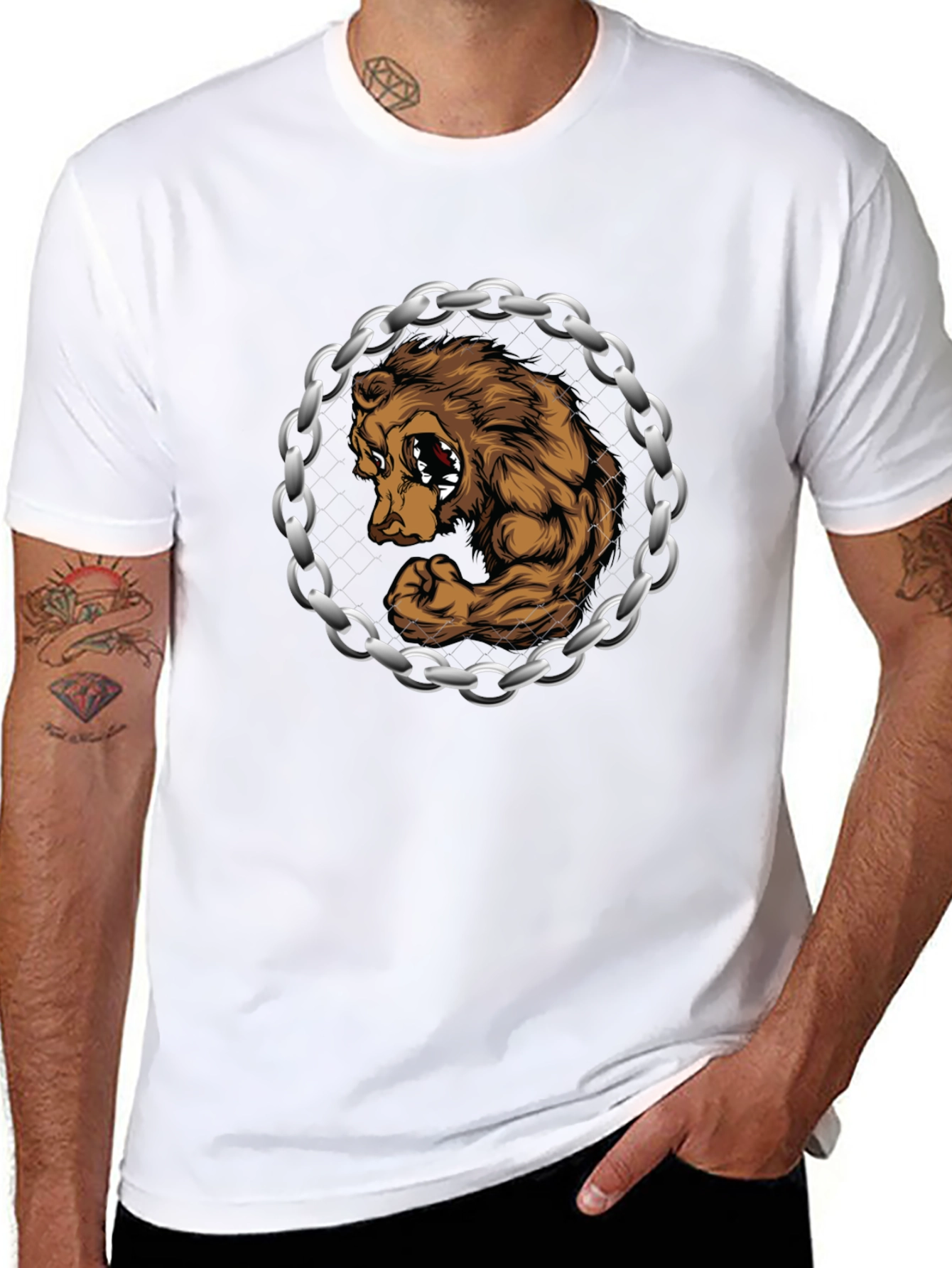 Bear Muscle Chains Graphic T-Shirt - Black