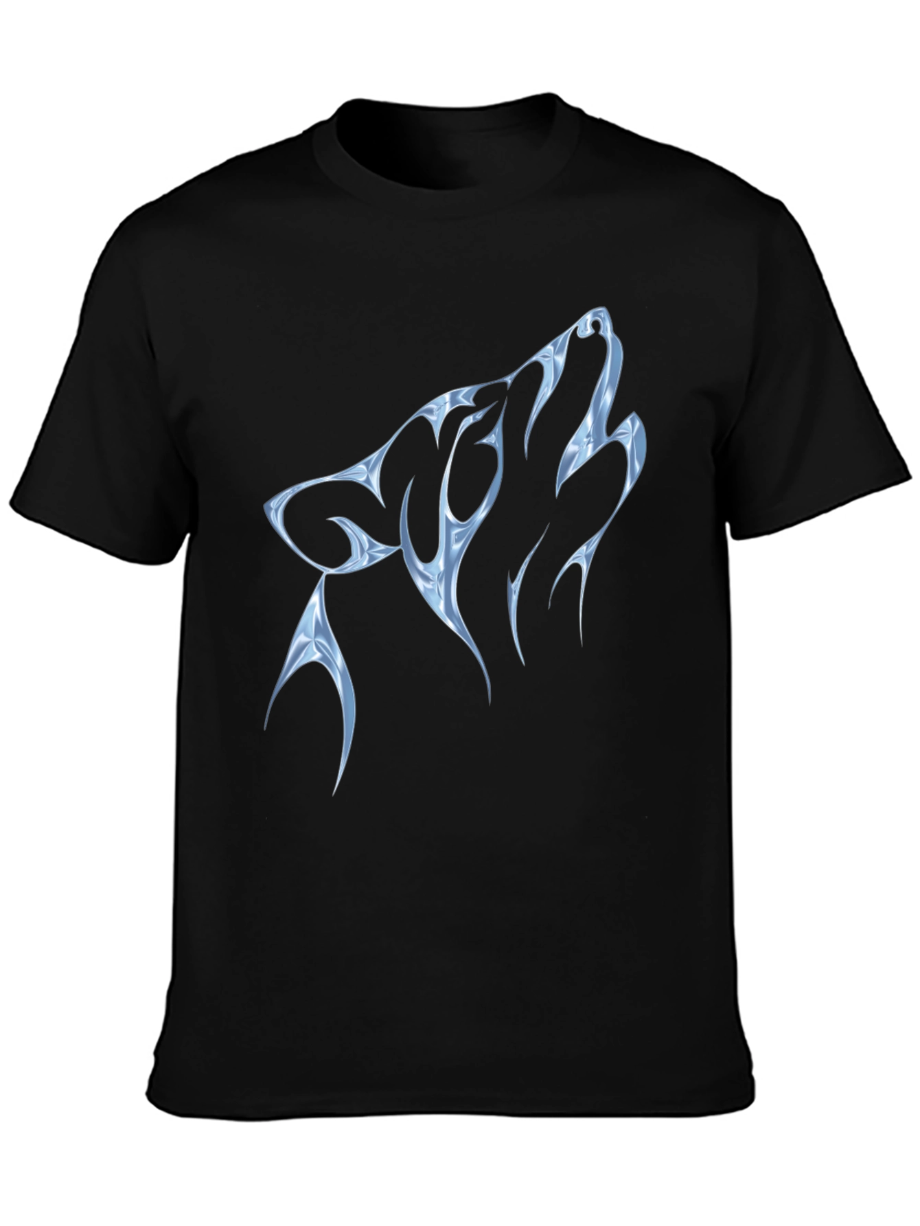 Black T-Shirt with Blue Tribal Wolf Design