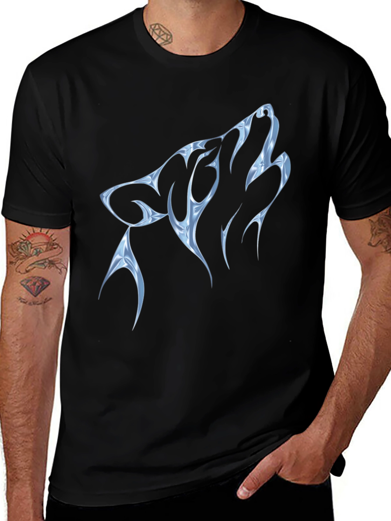 Black T-Shirt with Blue Tribal Wolf Design